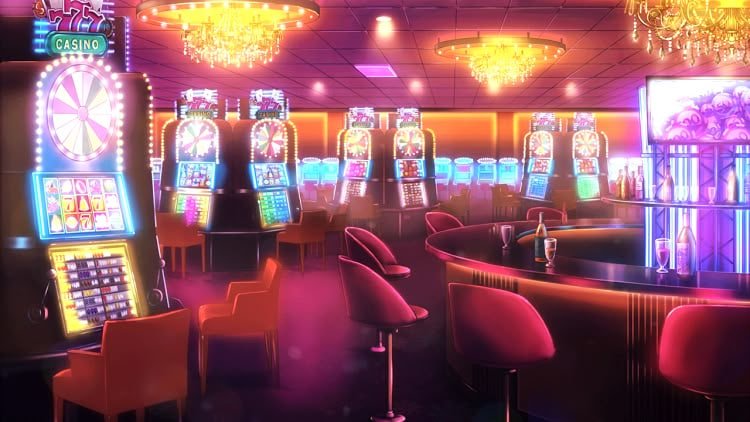 Gambaran mesin slot elektronik dengan kombinasi simbol yang bersinar di layar